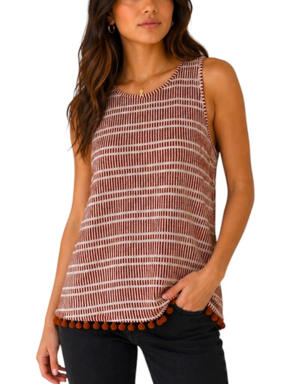 W5 Rust Orange & White Stripe Sleeveless Tank Top – Size Medium – Boho Pom Trim